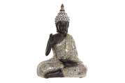 Buddha soška hnědo-zlatá, s ozdobnými sklíčky a krystaly, polyresin, 21cm