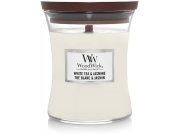 WoodWick – vonná svíčka, White Tea & Jasmine (Bílý čaj a jasmín) střední 55-65h