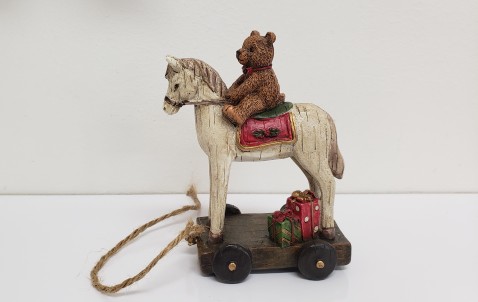 Vintage hračka, medvídek na koníkovi, 13x10cm