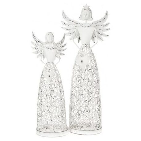 Anděl z bílého kovu držící srdce, ornamentová sukně 35cm