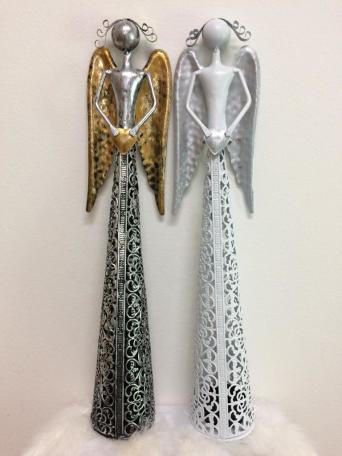 Anděl Florencia kovová dekorace se srdcem, zlatými/bílými křídly, čajová/LED svíčka, 39cm