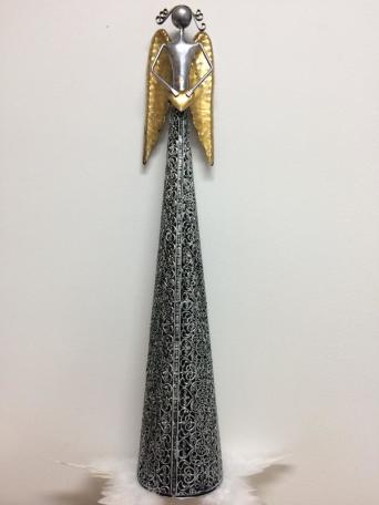 Stříbrný Anděl Lora, kovová dekorace s ornamentem na šatech, čajová/LED svíčka, 67cm