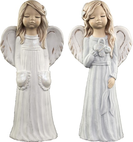 Anděl ze sádry Malvína, bílá/modrošedá, s motýlkem/ruce v kapsách, 1kus, 27cm