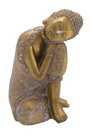 Buddha sedící, rozjímající s hlavou v úklonu, zlatá, 15x13,5x23cm
