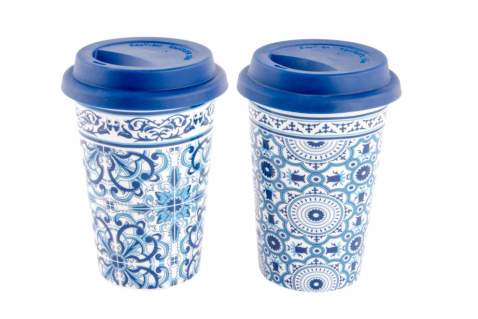 Porcelánový hrnek blue ornament Tunisia, se silikonovým víčkem, 350 ml