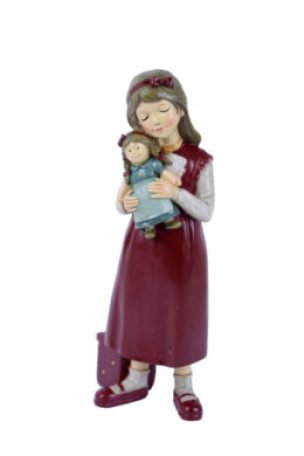 Dekorace holčička v červených šatech s panenkou, polyresin, 21cm