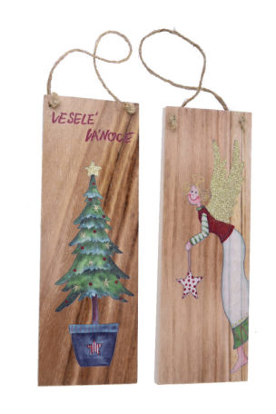 Dřevěná dekorace, závěs, prkýnko s obrázkem anděla/stromečkem veselé vánoce, 29,5x10cm