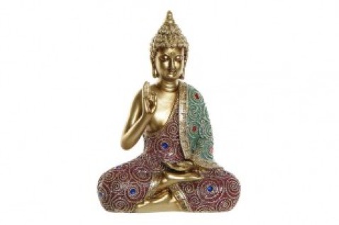 Socha Buddhy, zlatá, polyresin, třpytky, mávající ruka, modré/červené kameny, 17x7x23cm