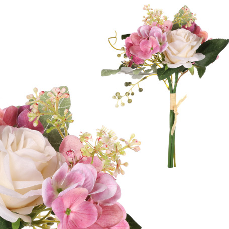 Puget květin, mix růží a hortenzie  růžová/fialová, 29cm 