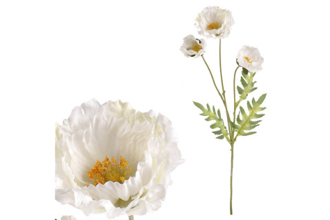 Dekorace květina Bílý Mák, s třemi květy, 70cm