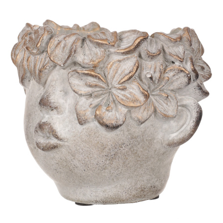 Květináč hlava ženy s kytkou, cement, 9x10 cm