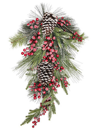 Větev s červenými bobulemi a šiškami, umělá vánoční dekorace k zavěšení