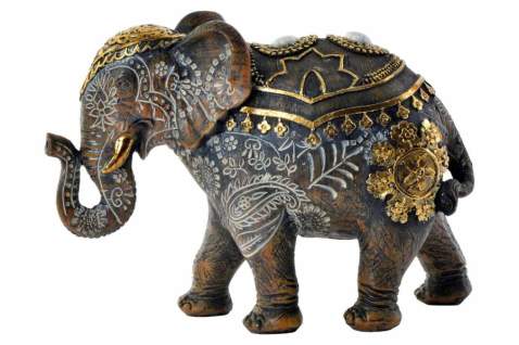 Slon hnědý VELKÝ se zlatým zdobením a dvěma kamínky, 21 x 8 x 15 cm