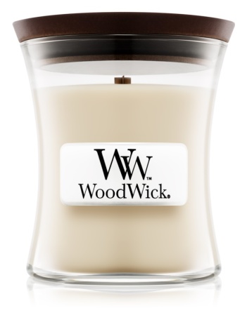 WoodWick – vonná svíčka Linen (Čistý len, čisté prádlo), malá 20-30 hod