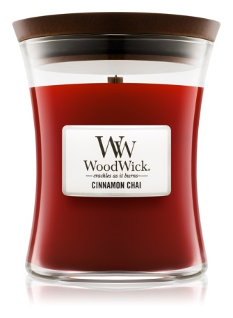 WoodWick – vonná svíčka Cinnamon Chai(Skořice a vanilka), střední 55-65 hod