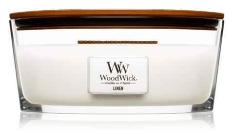 WoodWick – vonná svíčka Linen, Čistý len, čisté prádlo, loď 110-120 hod