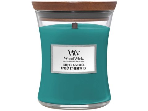 WoodWick – vonná svíčka Juniper & Spruce (Jalovec & smrk), střední, 275g