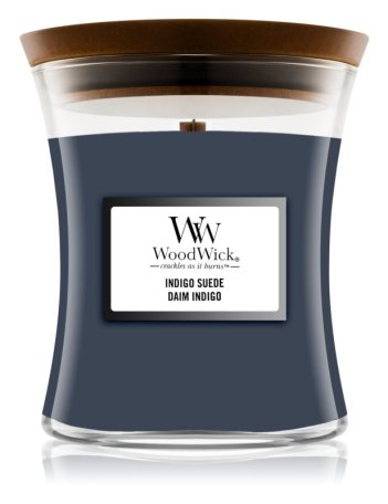 WoodWick – vonná svíčka Indigo Suede (Modrý semiš), malá 20-30 hod