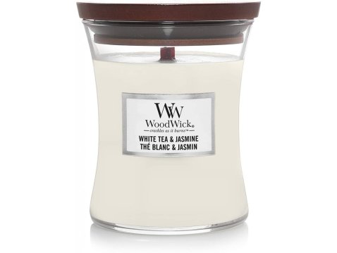 WoodWick – vonná svíčka, White Tea & Jasmine (Bílý čaj a jasmín) střední 275 g