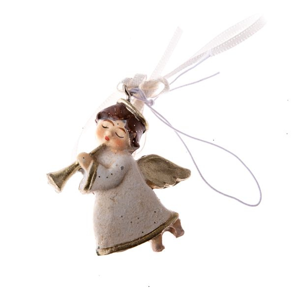 Boží Obchod | Andílek létající závěsný, malý s trumpetou, bílá zlatá 3,6×4x  0,5 cm